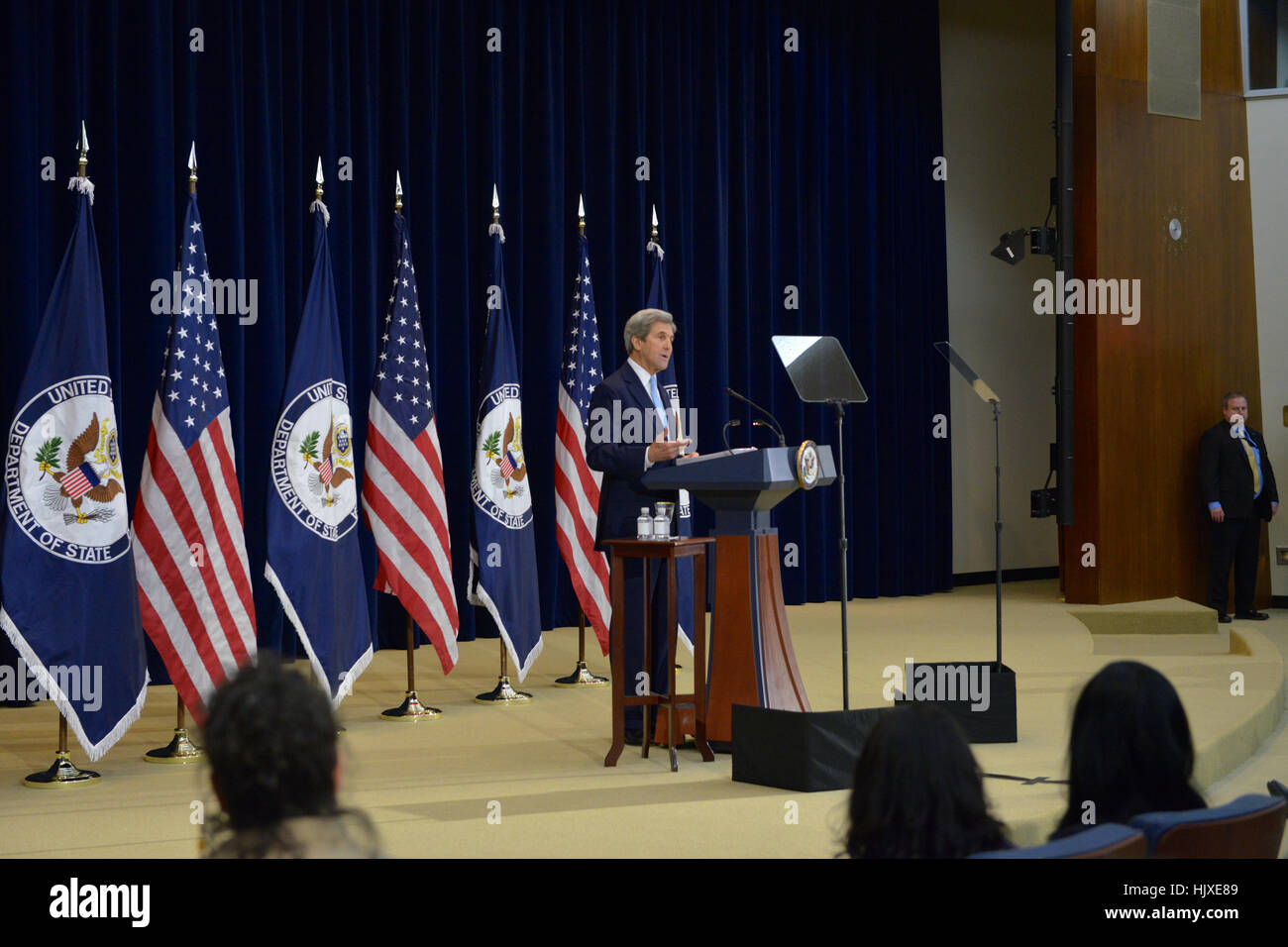 U.S. Secretary of State John Kerry delivers remarks on Middle East peace, at the Department of State in Washington, DC on December 28, 2016. Stock Photo