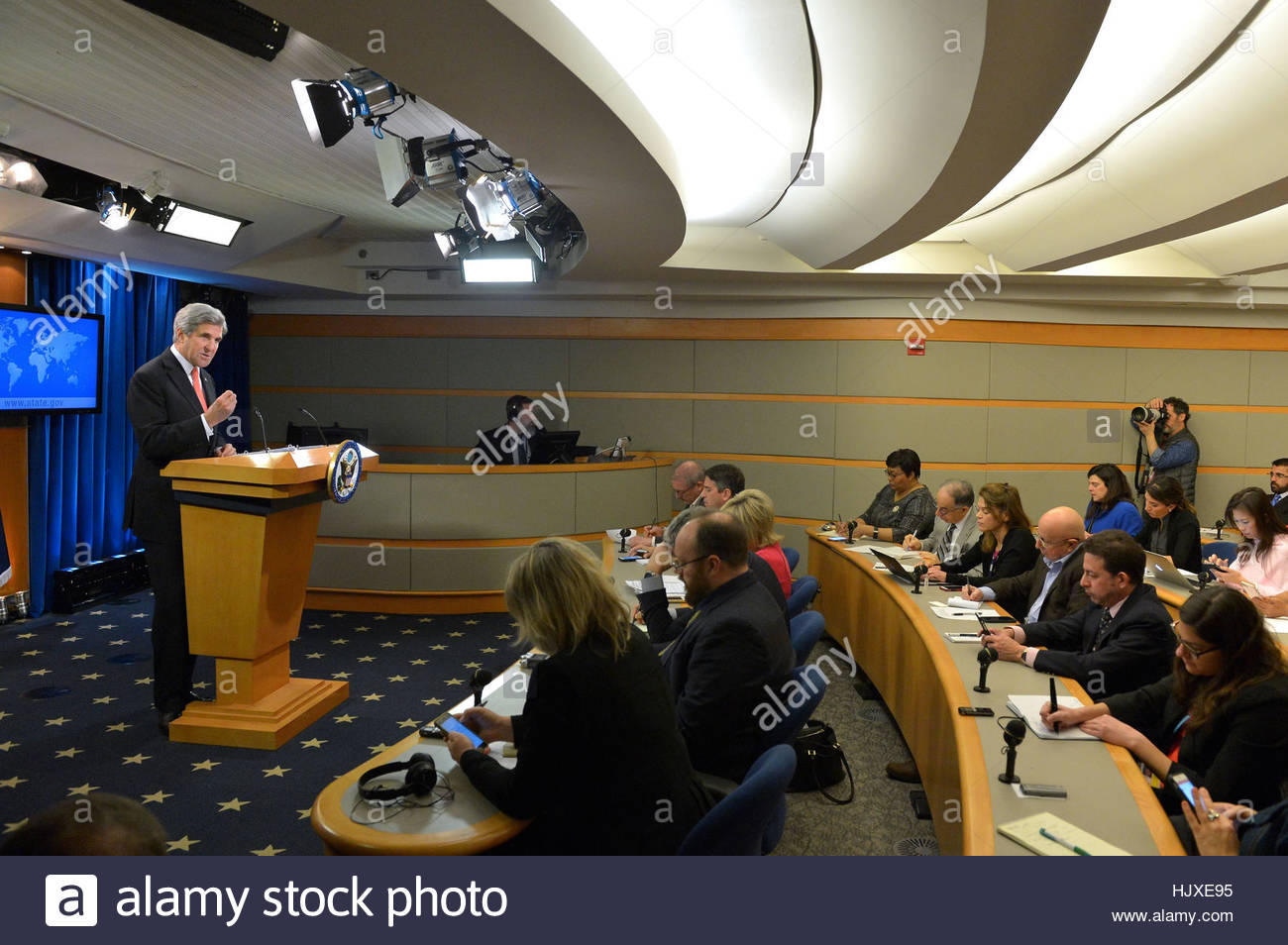 U.S. Secretary of State John Kerry holds a press conference at the U.S. Department of State in Washington, D.C., on January 5, 2017. Stock Photo