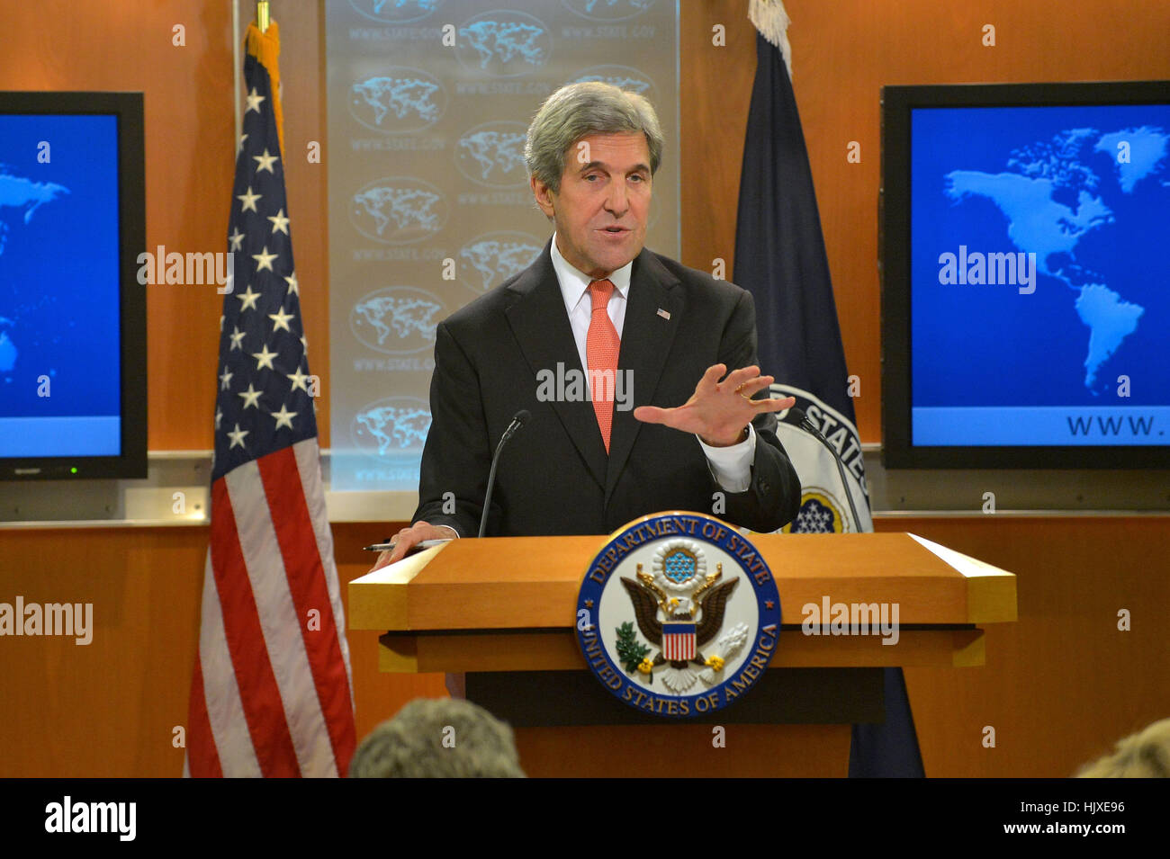 U.S. Secretary of State John Kerry holds a press conference at the U.S. Department of State in Washington, D.C., on January 5, 2017. Stock Photo