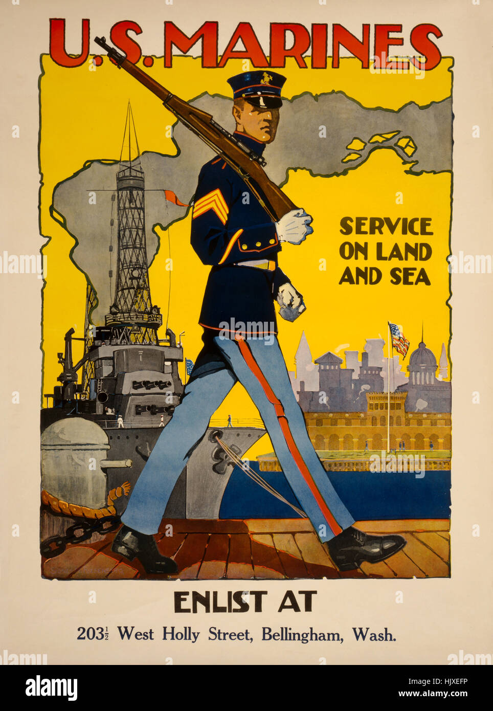 Marine Patrolling Dock with War Ship in Background, 'U.S. Marines, Service on Land and Sea', World War I Recruitment Poster, by Sidney H. Riesenberg, USA, 1917 Stock Photo