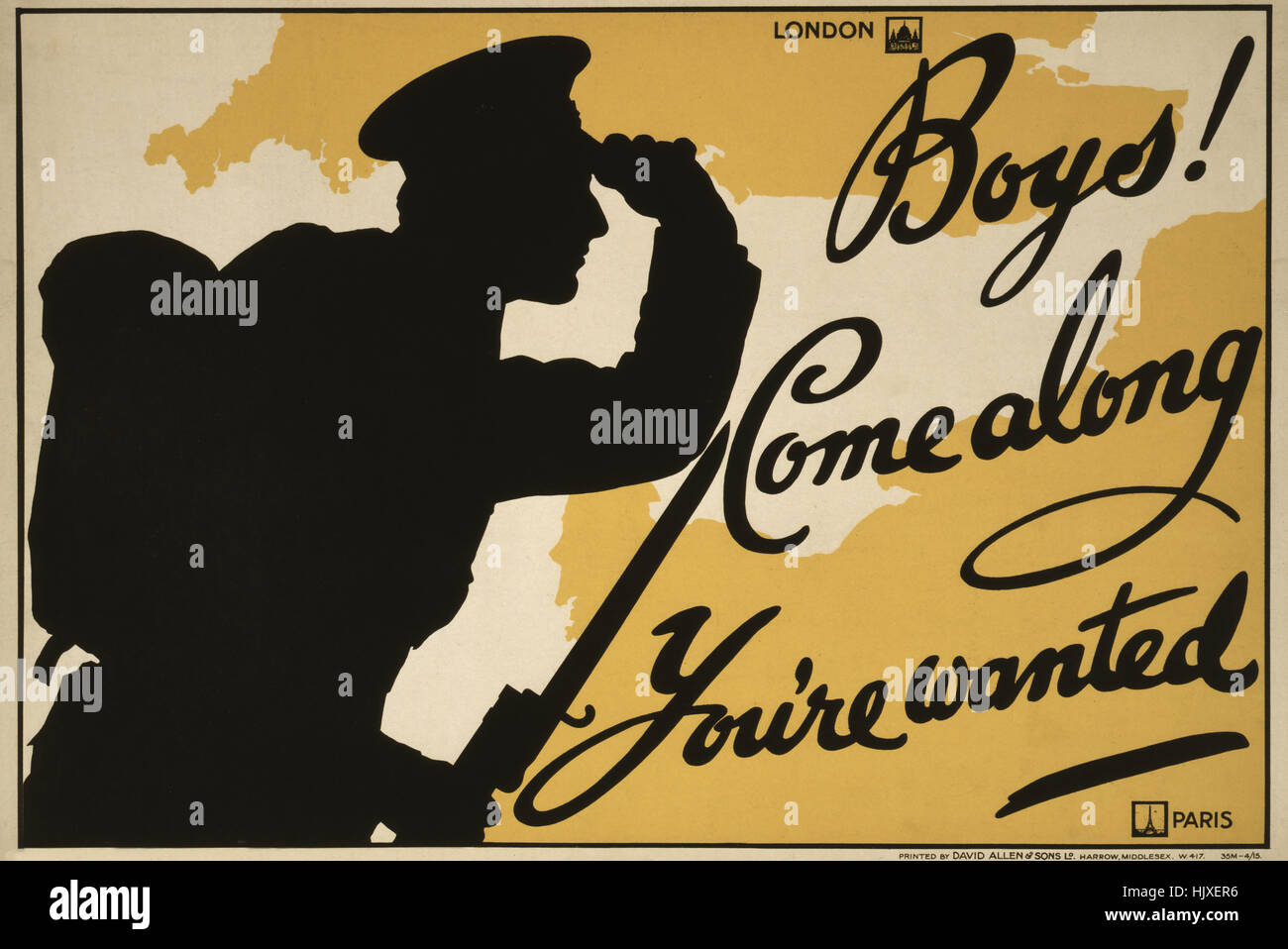 Silhouette of Soldier Looking at Map of United Kingdom and France, 'Boys! Come Along, You're Invited', World War I Recruitment Poster, Parliamentary Recruiting Committee, United Kingdom, 1915 Stock Photo