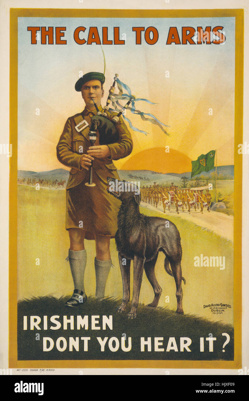 Soldier Playing Bagpipes, 'The Call to Arms, Irishmen Don't you Hear it?', World War I Recruitment Poster, United Kingdom, 1915 Stock Photo