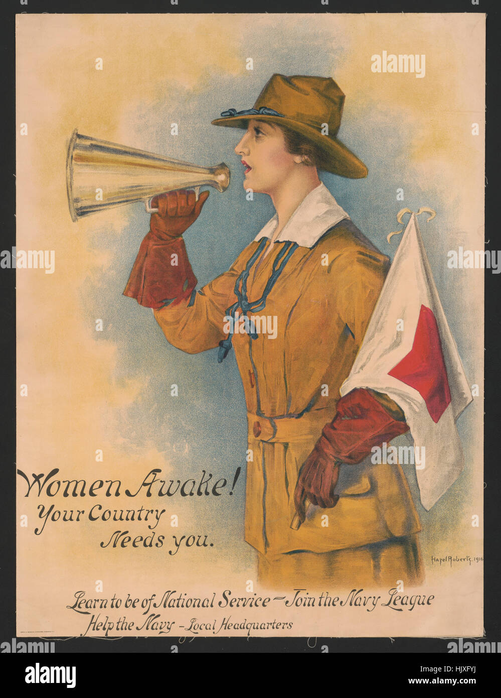 Woman in Uniform Holding Megaphone and Flag, 'Women Awake! Your Country Needs You, Learn to be of National Service - Join the Navy League', World War I Recruitment Poster, by Hazel Roberts, 1916 Stock Photo