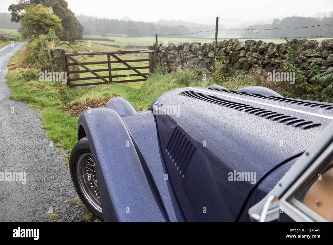 Bonnet of a Morgan Sports Car in front of a 5 barred gate in the Yorkshire Dales on a misty day Stock Photo