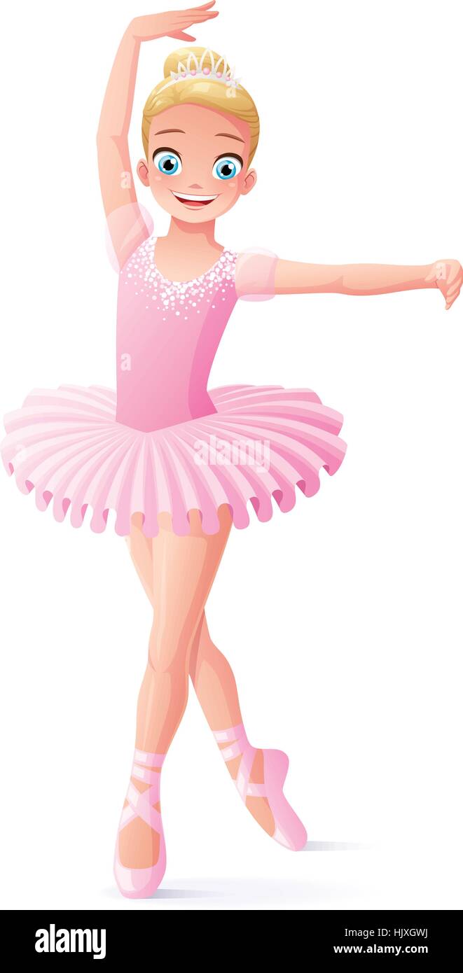 Vector cute smiling young dancing ballerina girl in pink tutu