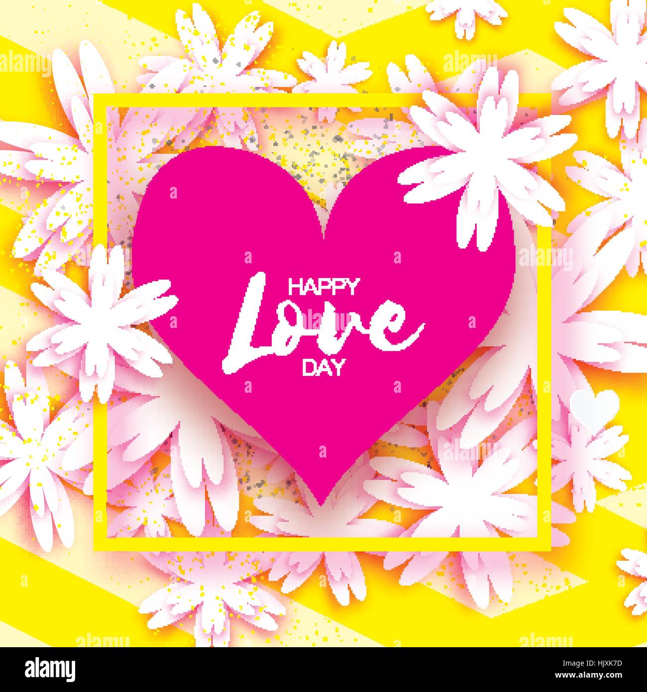Happy Valentines Day Greeting card. Paper cut flower and heart frame ...