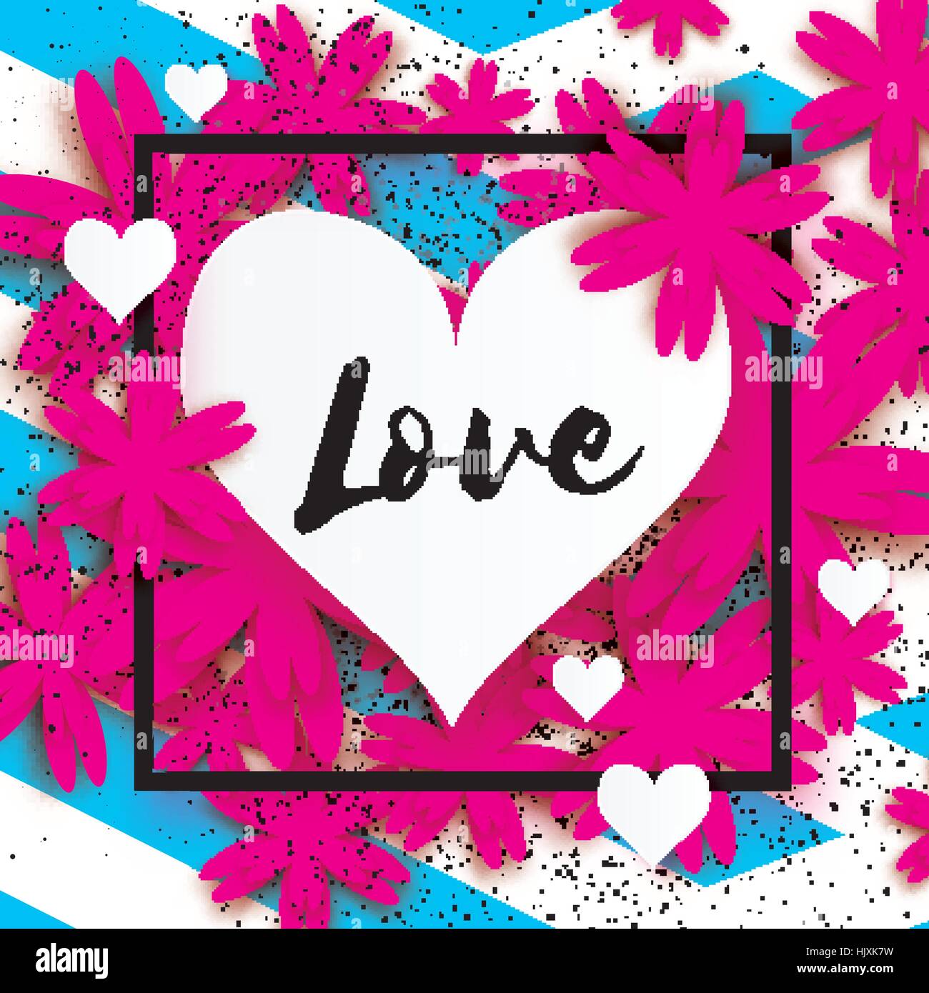 Happy Valentines Day Greeting card. Paper cut flower and heart frame ...