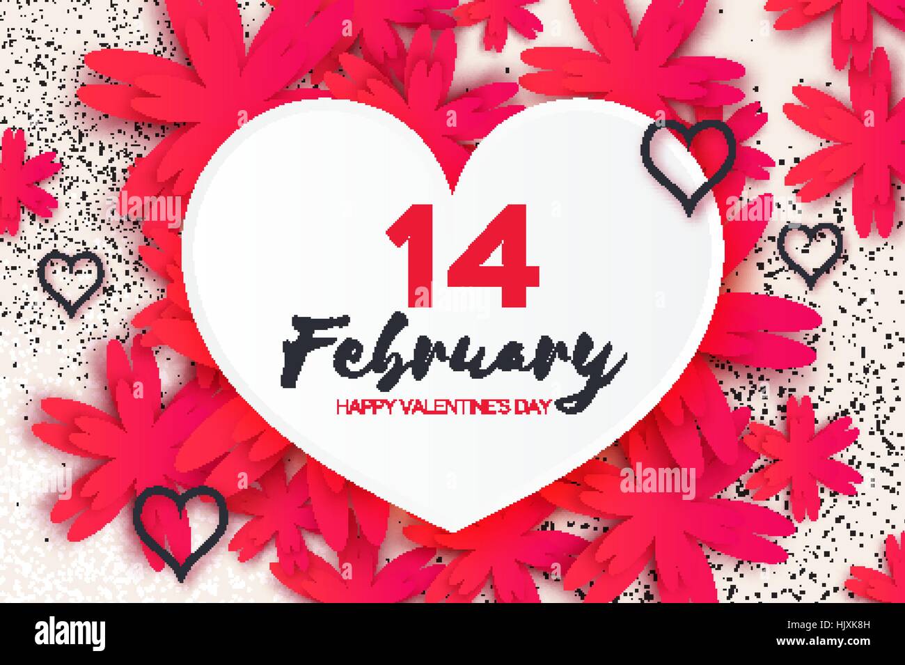 Happy Valentines Day Greeting card. Paper cut flower and heart frame ...