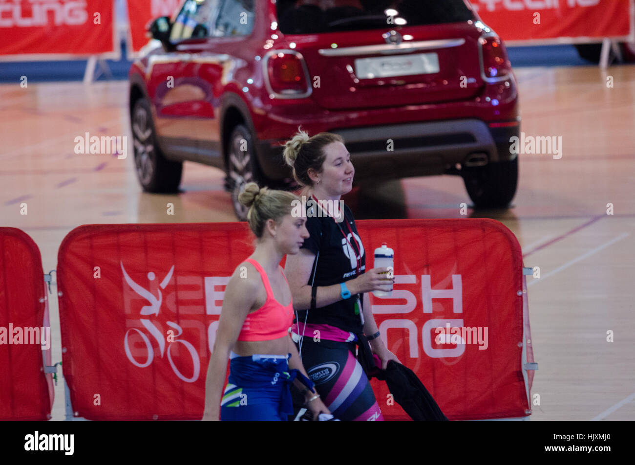 Laura Trot (Kenny) and Katie Archibald chat at the National Indoor Championships at Manchester's velodrome Stock Photo