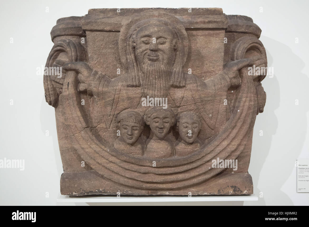 The Righteous in the Bosom of Abraham. Romanesque capital from 12th century from the Alspach Abbey on display in the Musee d'Unterlinden (Unterlinden Museum) in Colmar, Alsace, France. Stock Photo