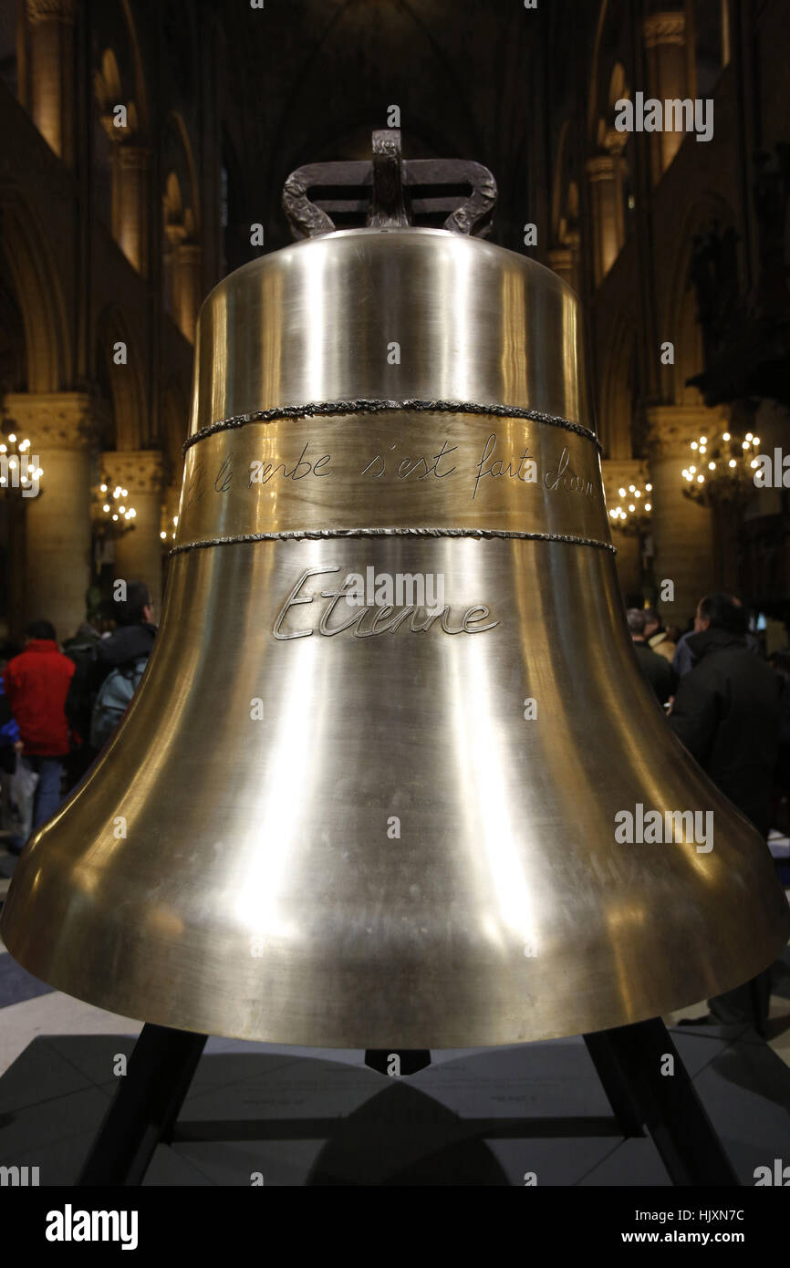 Detail of the new bell. Notre-Dame de Paris Cathedral 850th anniversary. Stock Photo