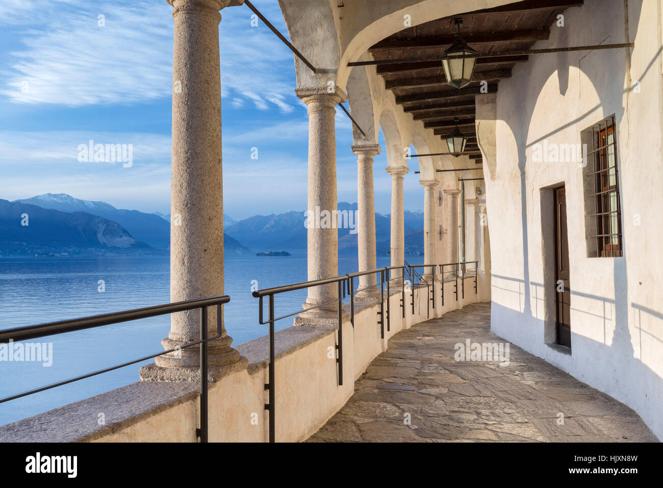 The walkway over Lake Maggiore at Santa Caterina del Sasso Ballaro monastery, Leggiuno, Lago Maggiore, Varese Province, Lombardy Stock Photo