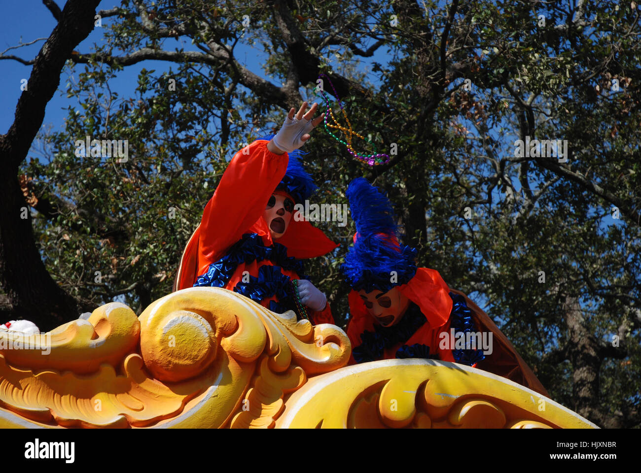 Participating in New Orleans parades on Mardi Gras. Stock Photo