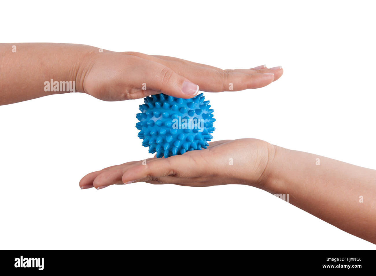 Woman's hands with Spiny plastic blue massage ball isolated on white background Stock Photo
