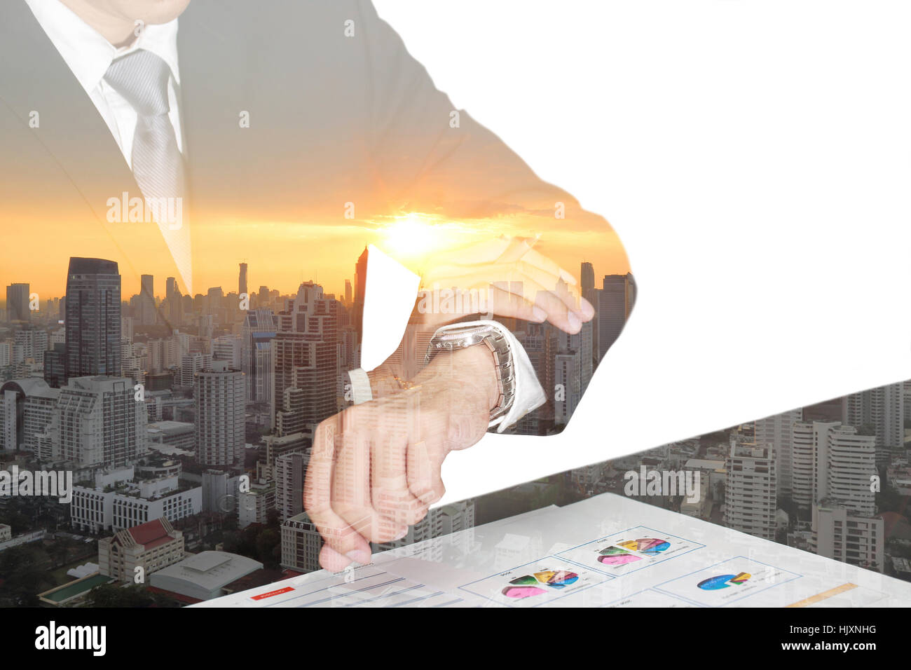 Double exposure of businessman look at time, sunrise and cityscape as Appointment Concept. Stock Photo