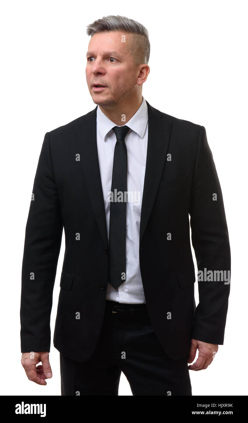 Shocked middle aged businessman isolated on a white background Stock Photo