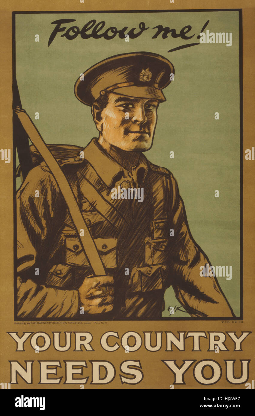 Portrait of Soldier, 'Follow Me! Your Country Needs You', World War I Recruitment Poster, Parliamentary Recruiting Committee, United Kingdom, 1914 Stock Photo