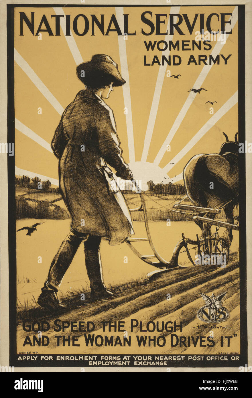 Woman Using Plow Pulled by Horse, 'National Service Women's Land Army, God Speed the Plough and the Woman who Drives it', World War I Recruitment Poster, by Henry George Gawthorn, United Kingdom, 1917 Stock Photo