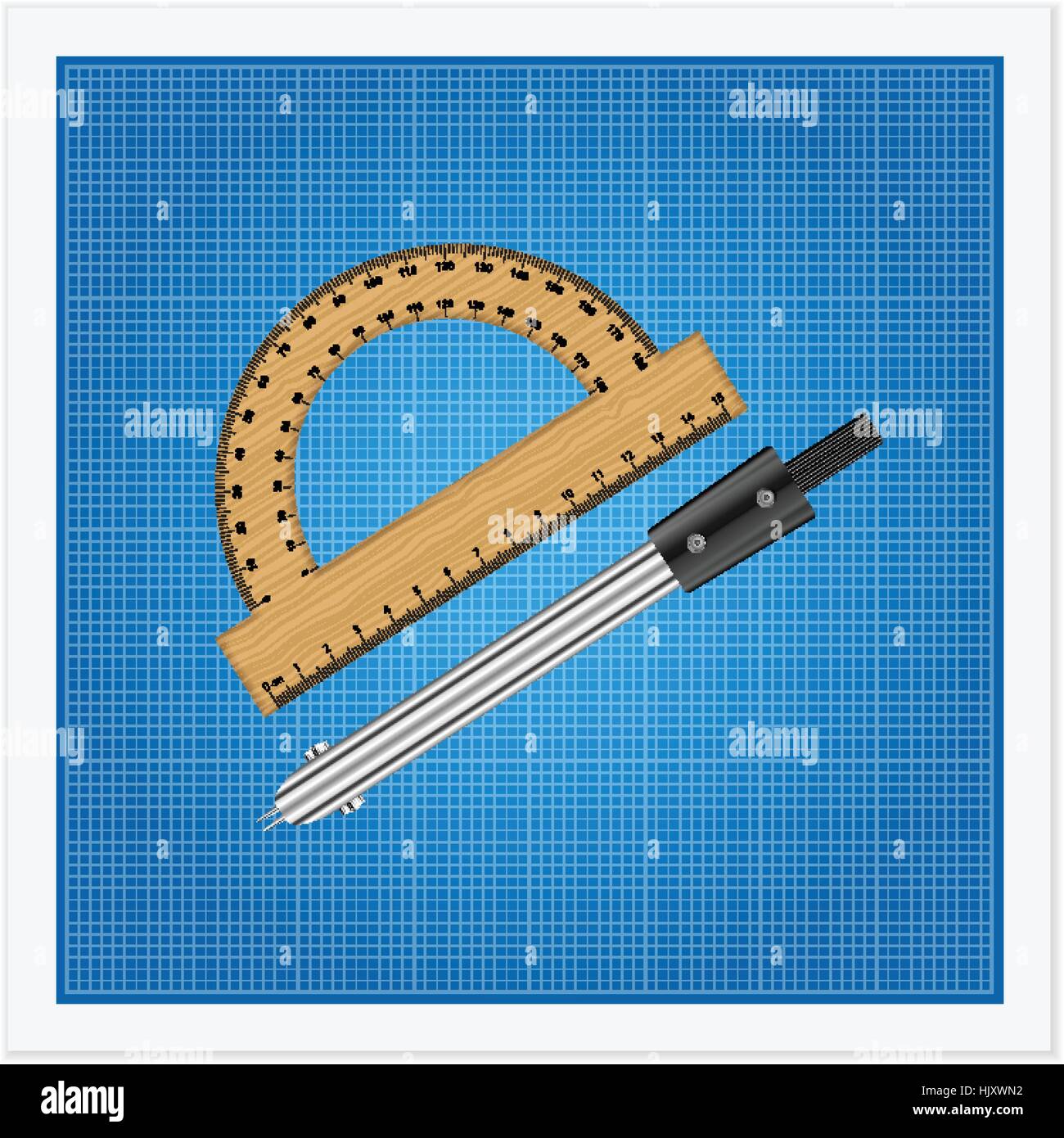 Blueprint and ruler instruments on a white background. Stock Vector