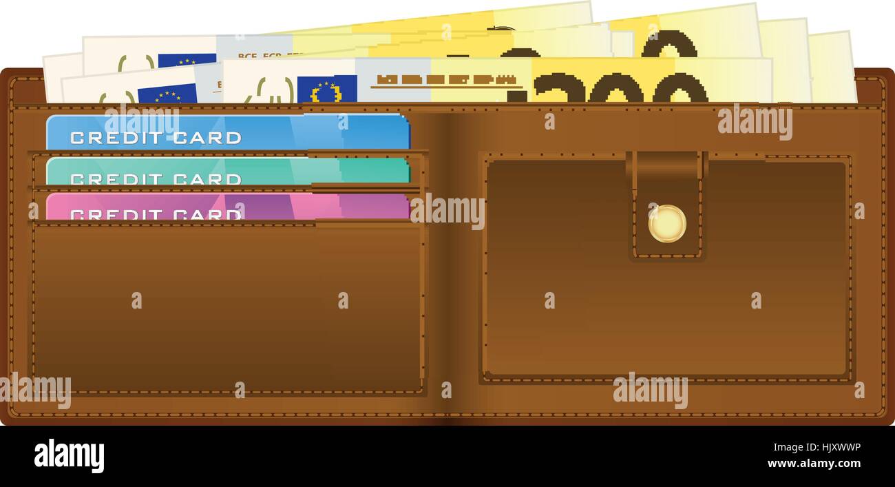 Open wallet with euro banknotes and credit cards. Vector illustration ...