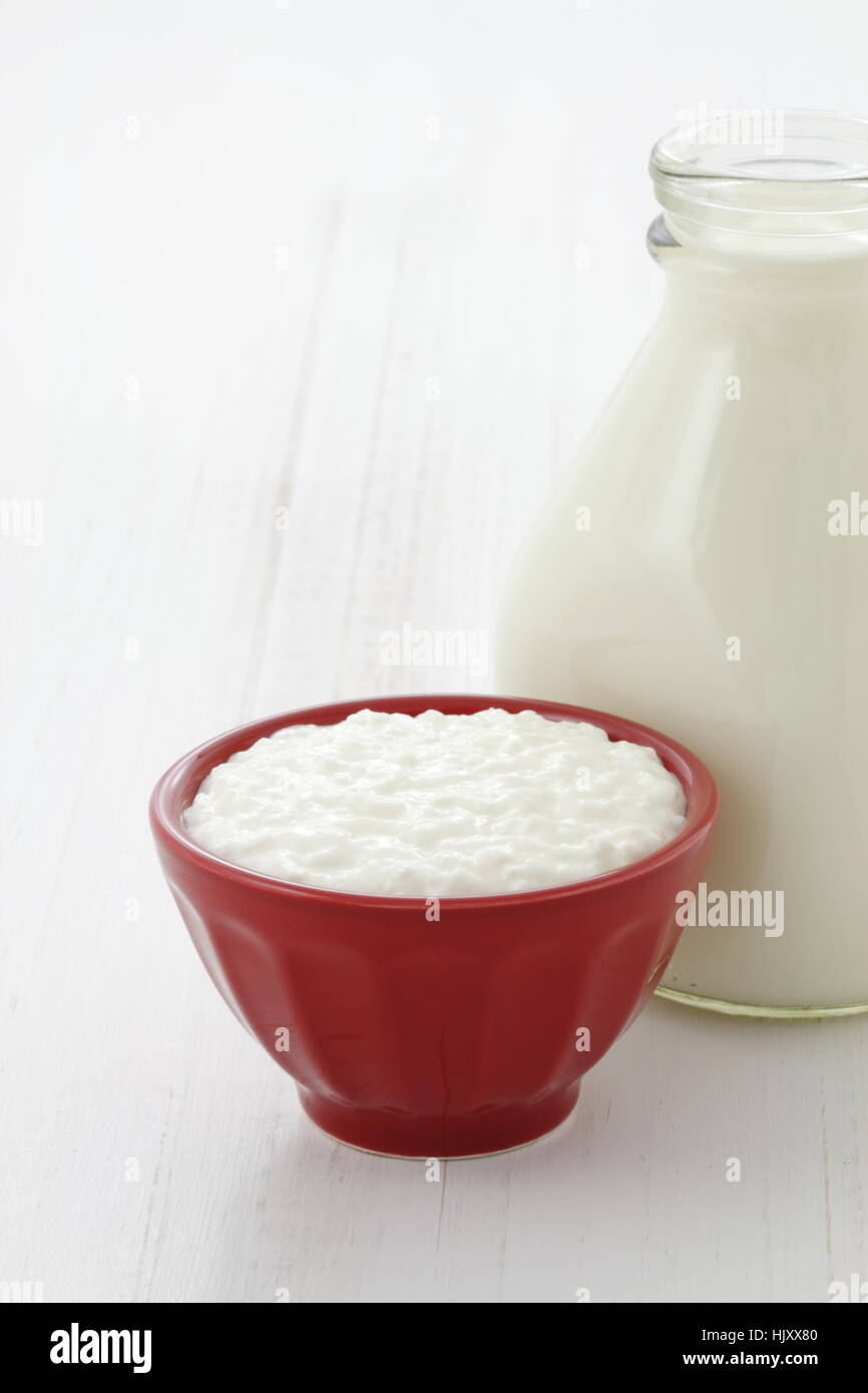 Cottage Cheese And Fresh Milk On Vintage French Table Linen Stock