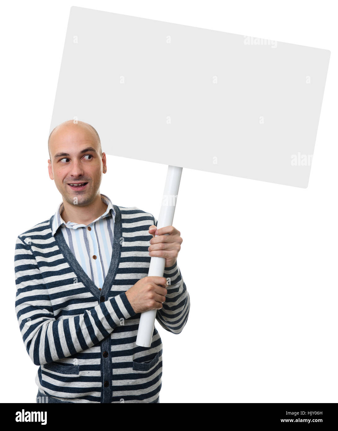 casual bald man holding placard on a stick. Isolated on white background Stock Photo