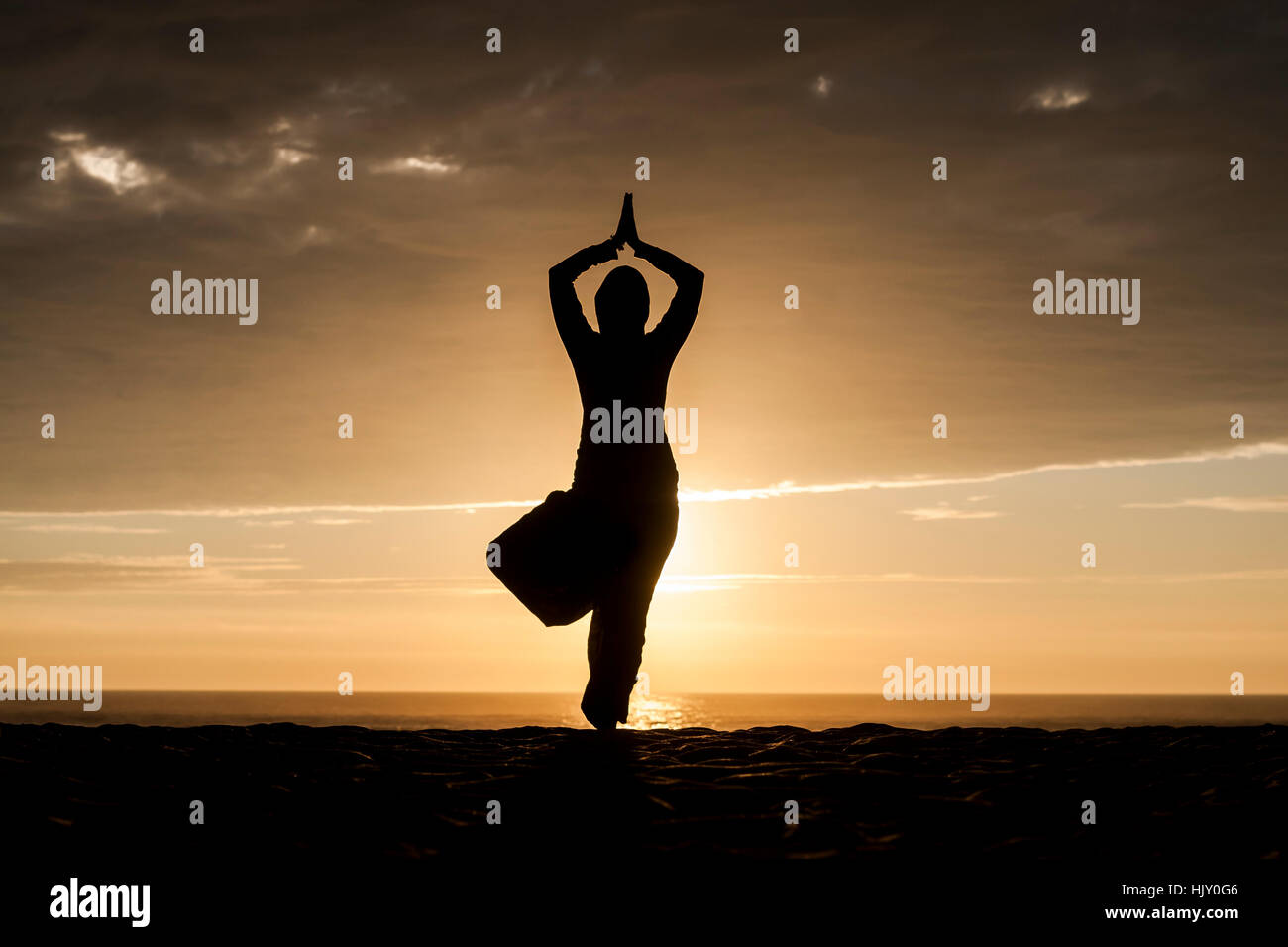 A silhouette of woman on a tree asana, yoga pose on the beach Stock ...