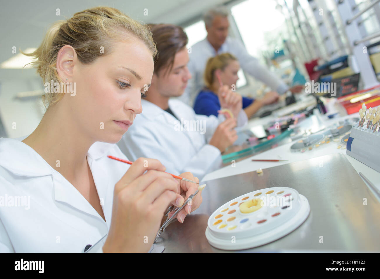 Lady matching paint colors for dentures Stock Photo Alamy