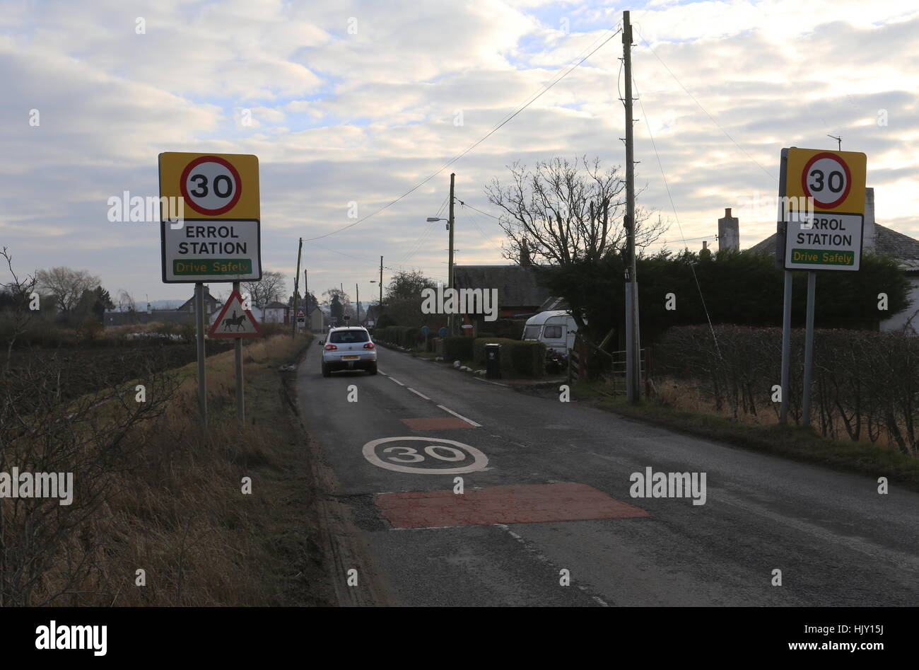 Drive carefully sign Errol Station Scotland January 2017 Stock Photo