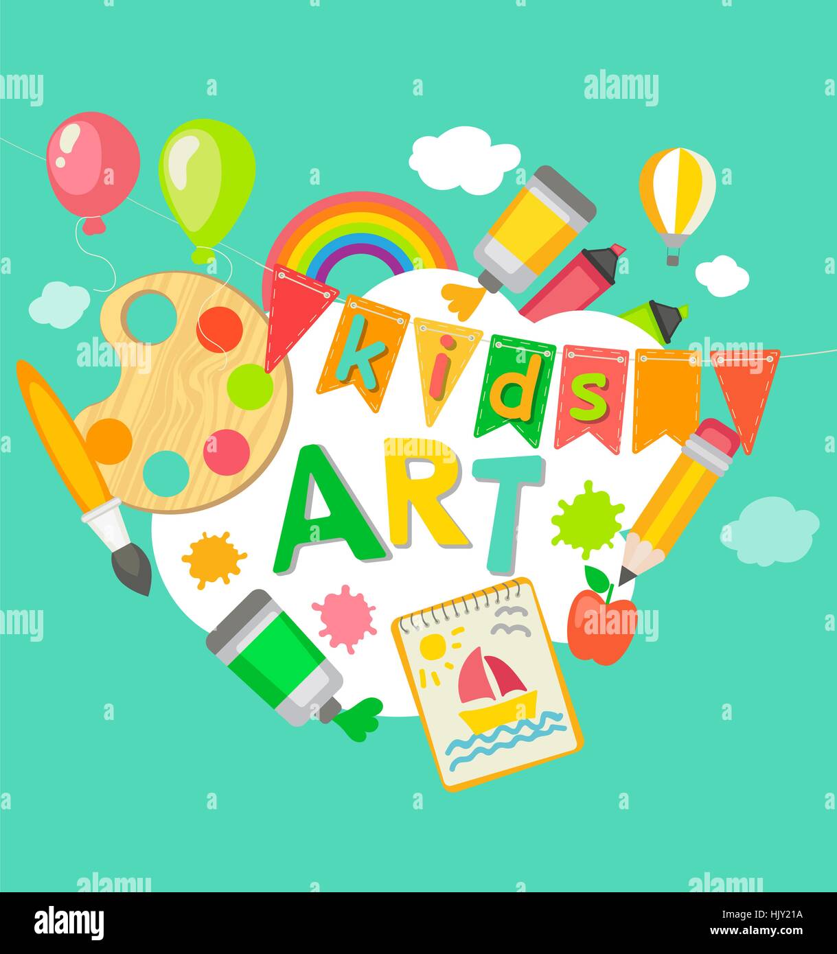 Themed Kids art poster in flat style, vector illustration. Frame with artistic objects, vector illustration for children art school, summer art fest. Stock Vector