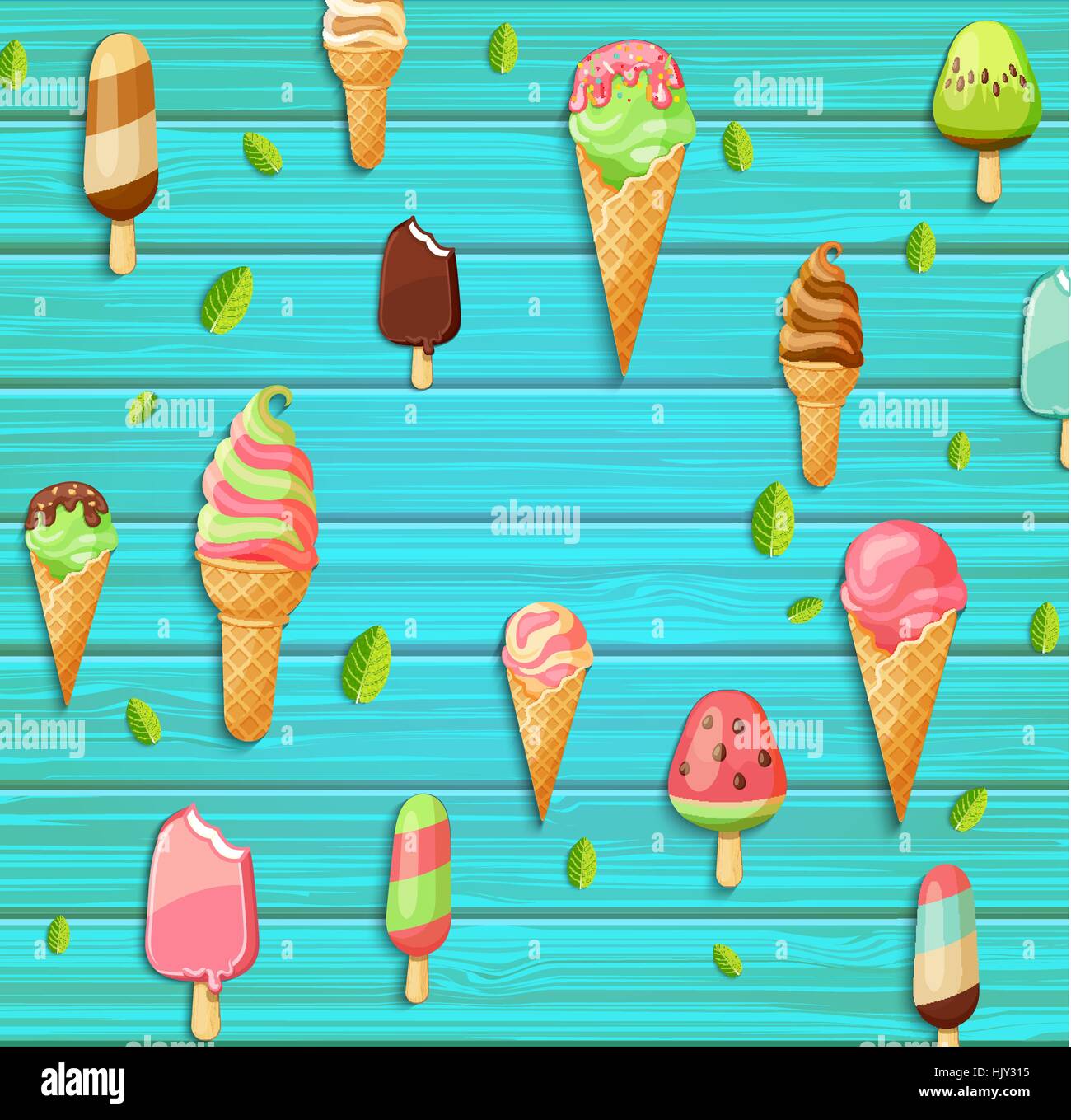 Colorful pattern made of ice cream, leaves on the blue wooden background, vector illustration. Stock Vector