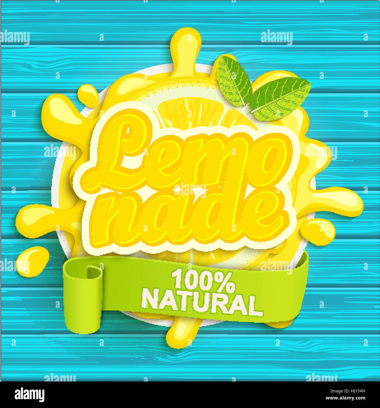 Lemonade label splash. Blot and lettering with ribbon on white background. Splash and blot design, shape creative vector illustration. Stock Vector