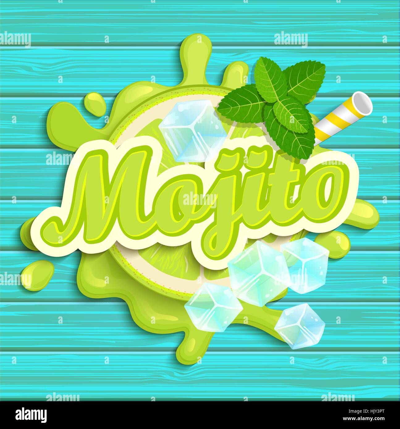 Mojito label splash. Blot and lettering with ribbon and ice cubes on blue wooden background. Splash and blot design, shape creative vector. Stock Vector