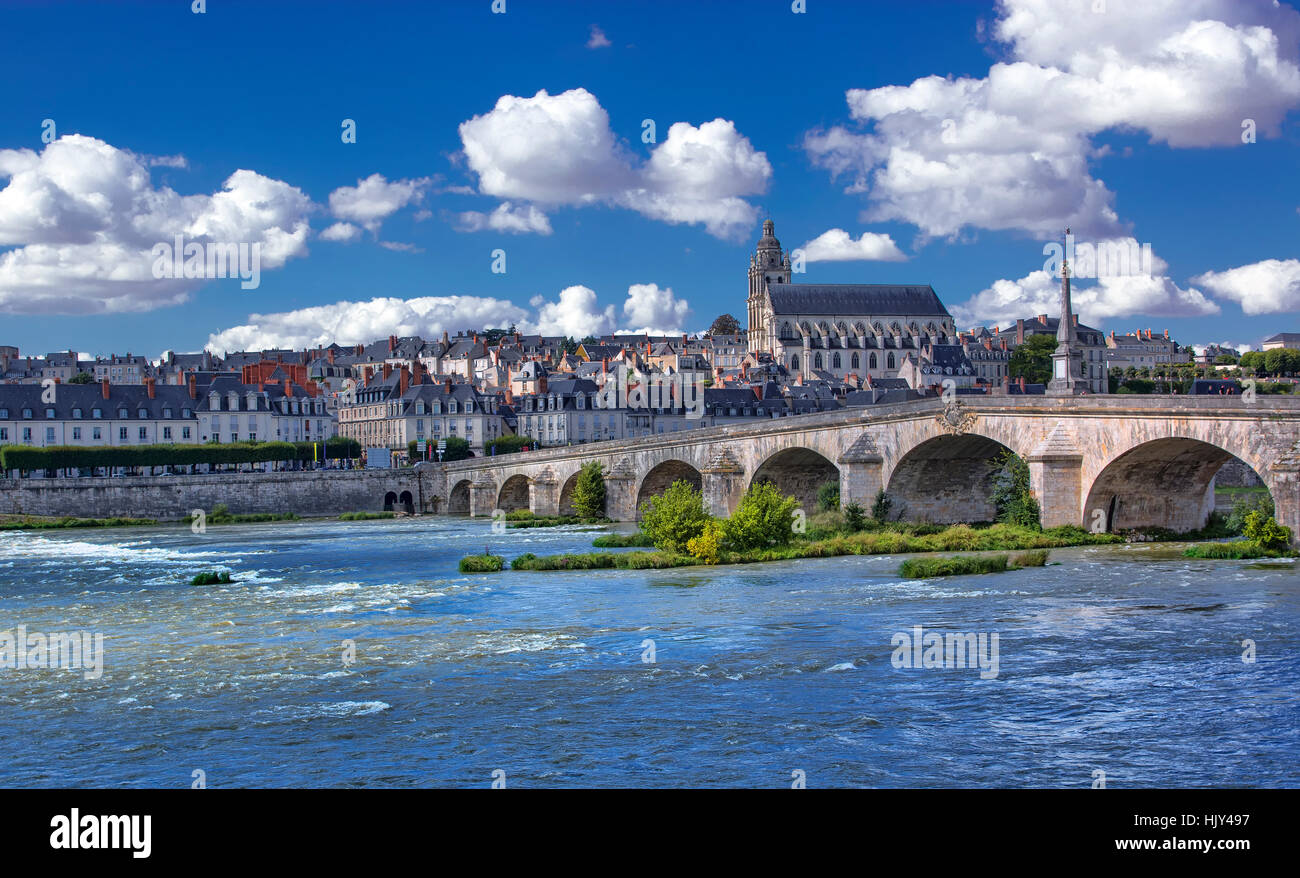 the town of Blois and Loire river, France Stock Photo