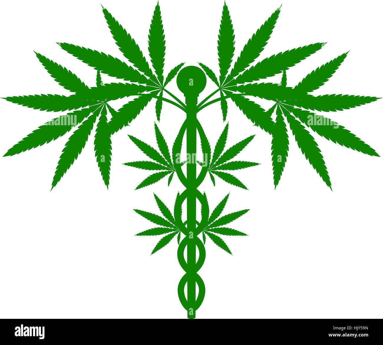 A medical marijuana plant caduceus concept symbol with cannabis plant with leaves intertwined around a rod Stock Photo
