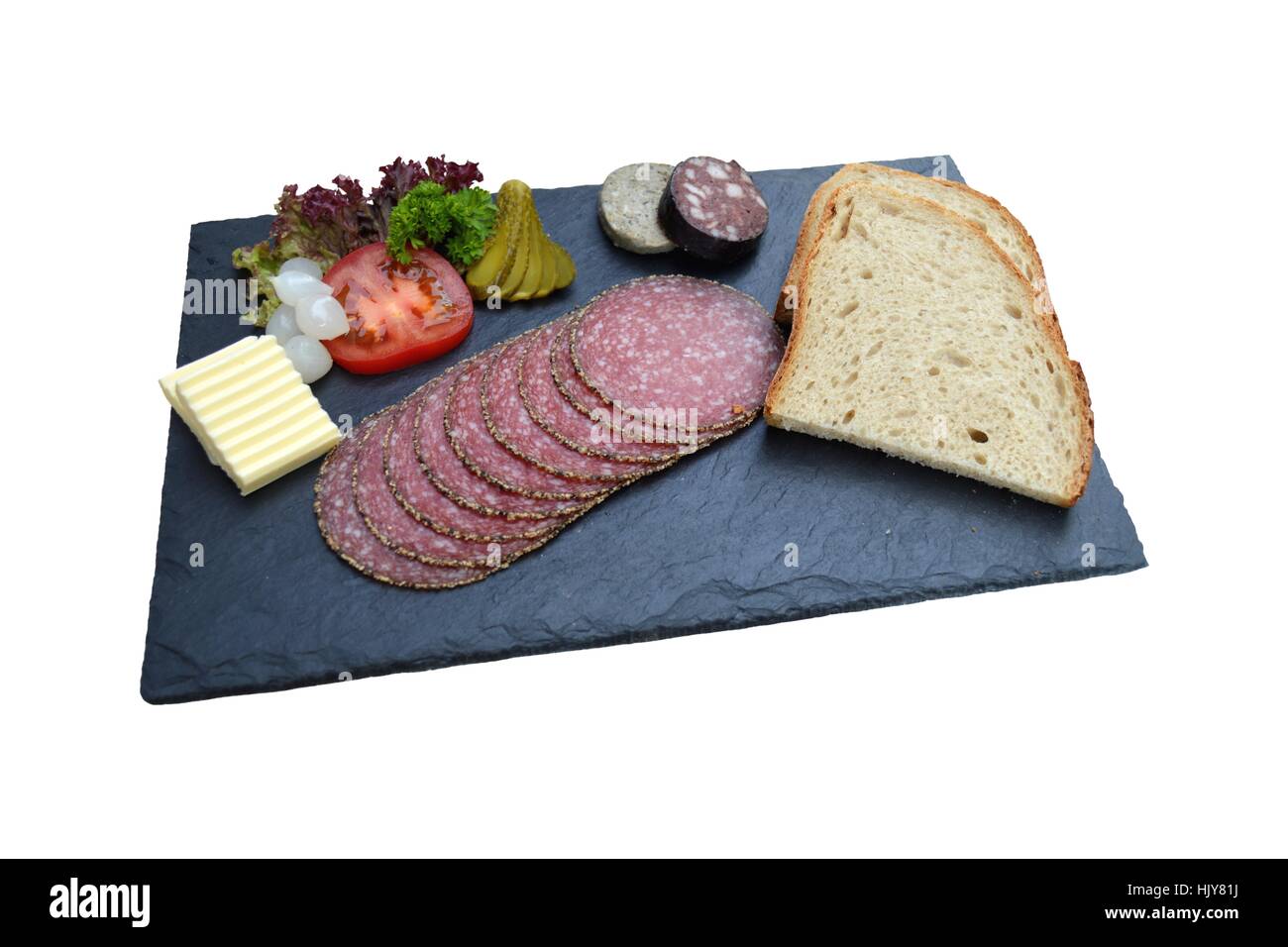 salami, liver sausage, blood sausage, tomato, slate, food, dish, meal, salami Stock Photo Alamy