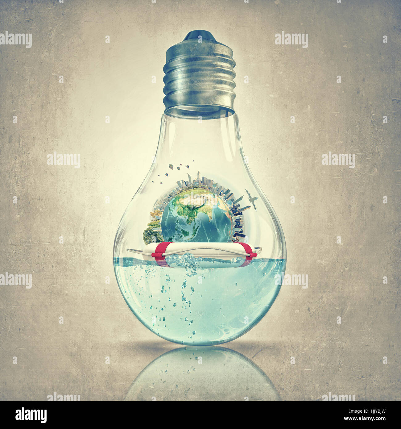 Glass light bulb filled with water and floating Earth planet. Elements ...