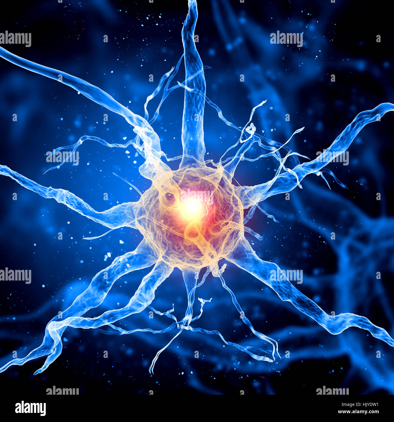Illustration of a nerve cell on a colored background with light effects ...