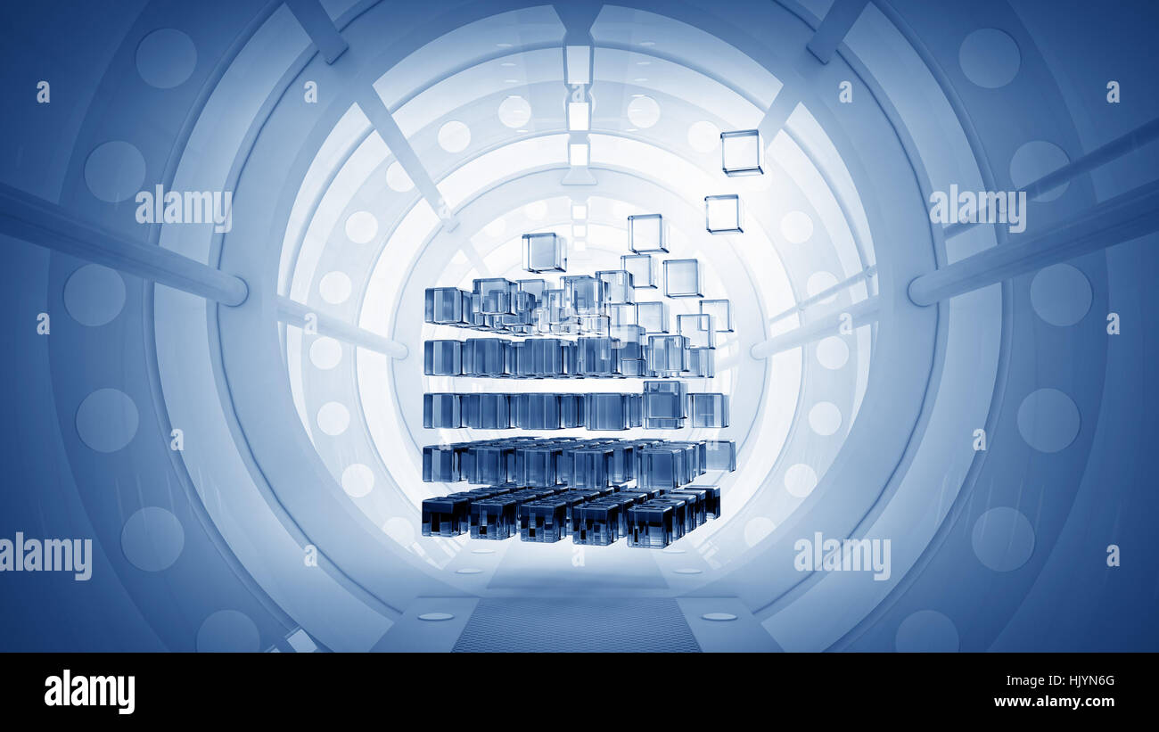 Abstract cube in futuristic room as innovative virtual interior design ...