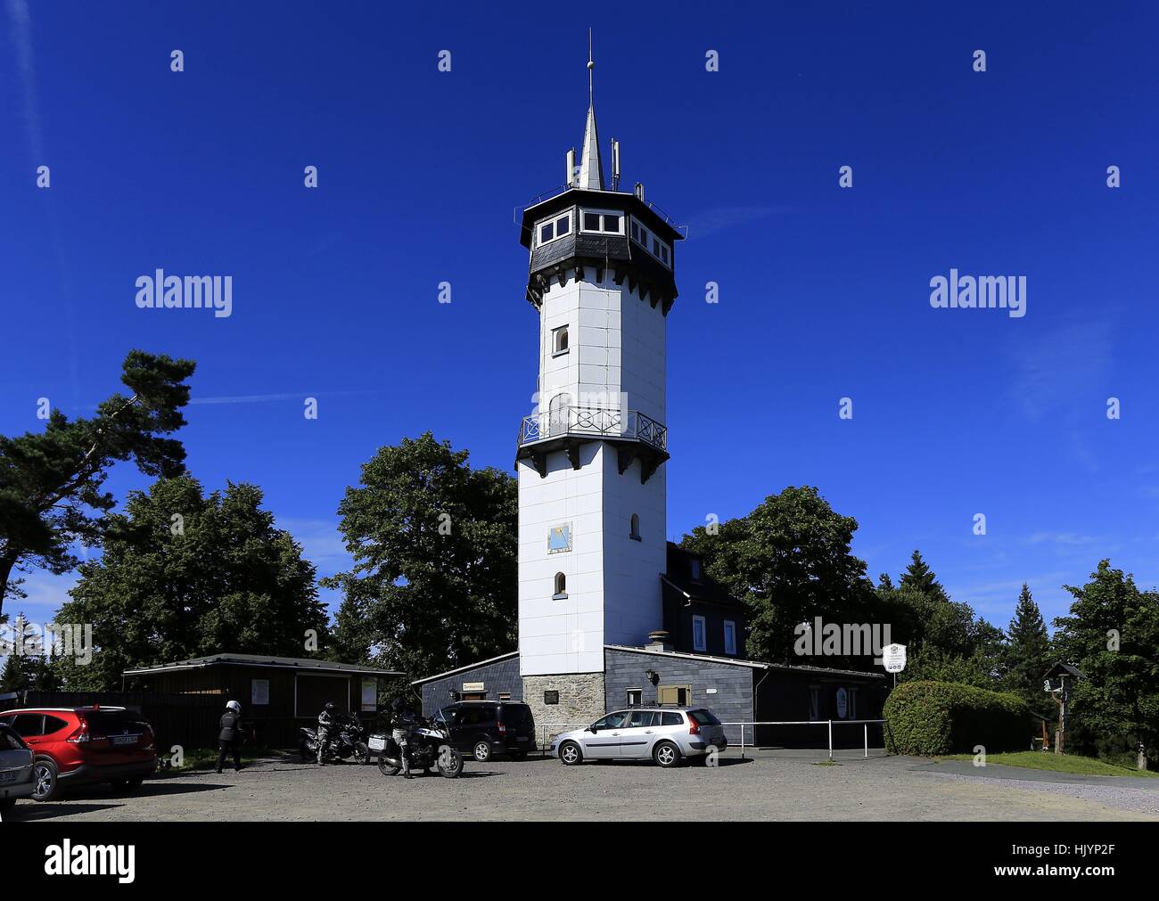 The Froebel tower on the 784 m high Kirchberg was erected in the years 1888-1890 as thanks for the founder of the kindergartens Friedrich Froebel. It is an observation tower. Kirchberg, Oberweißbach, Thuringian Forest, Germany, Europe Date: August 7, 2016 | usage worldwide Stock Photo