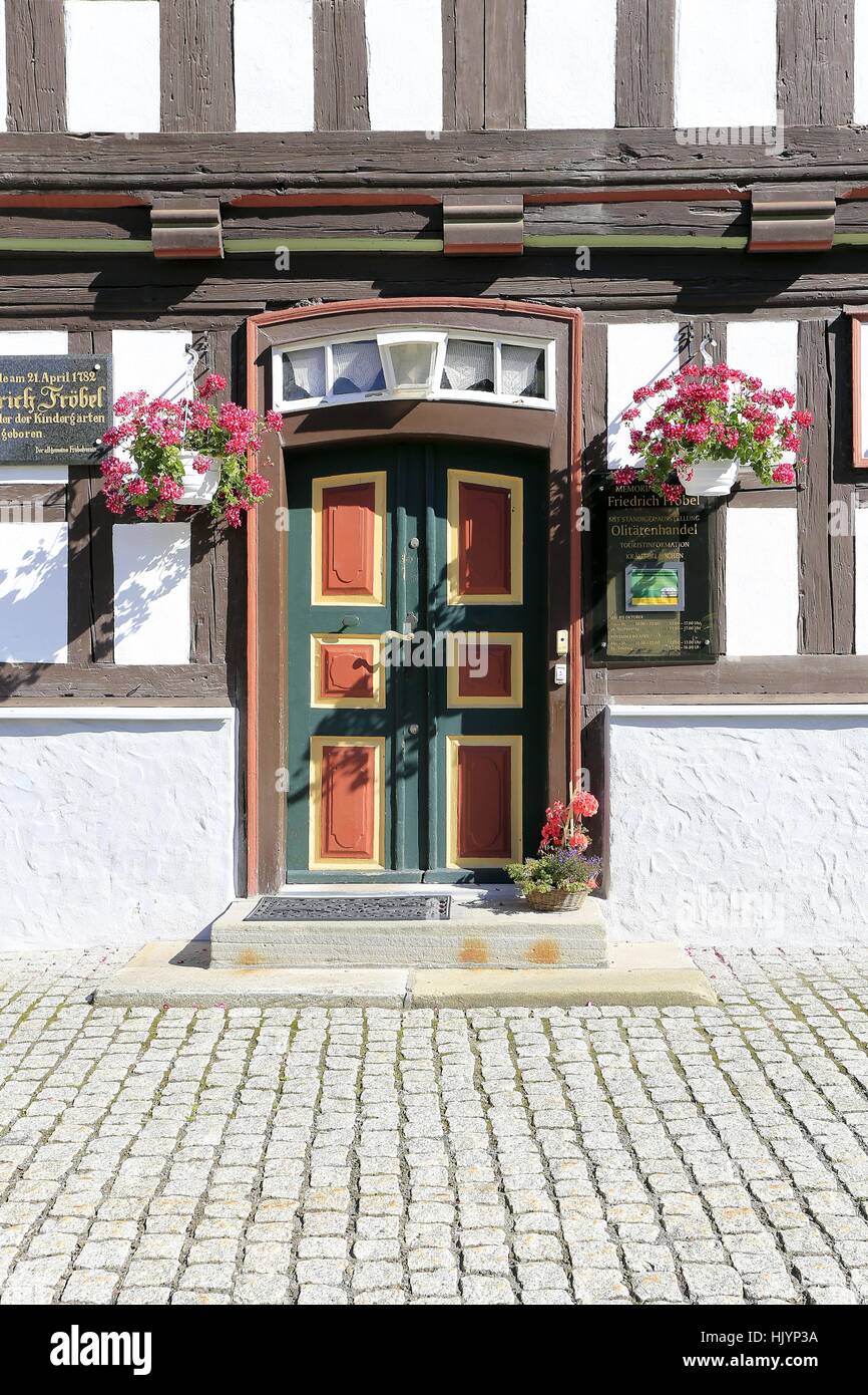 Entrance to the birth house of Friedrich Wilhelm August Fröbel (1782 - 1852) in Oberwessbach. Froebel is the founder of the kindergarden. His concept of early childhood education and pedagogy are forward-looking. Oberweissbach, Thuringian Forest, Germany, | usage worldwide Stock Photo