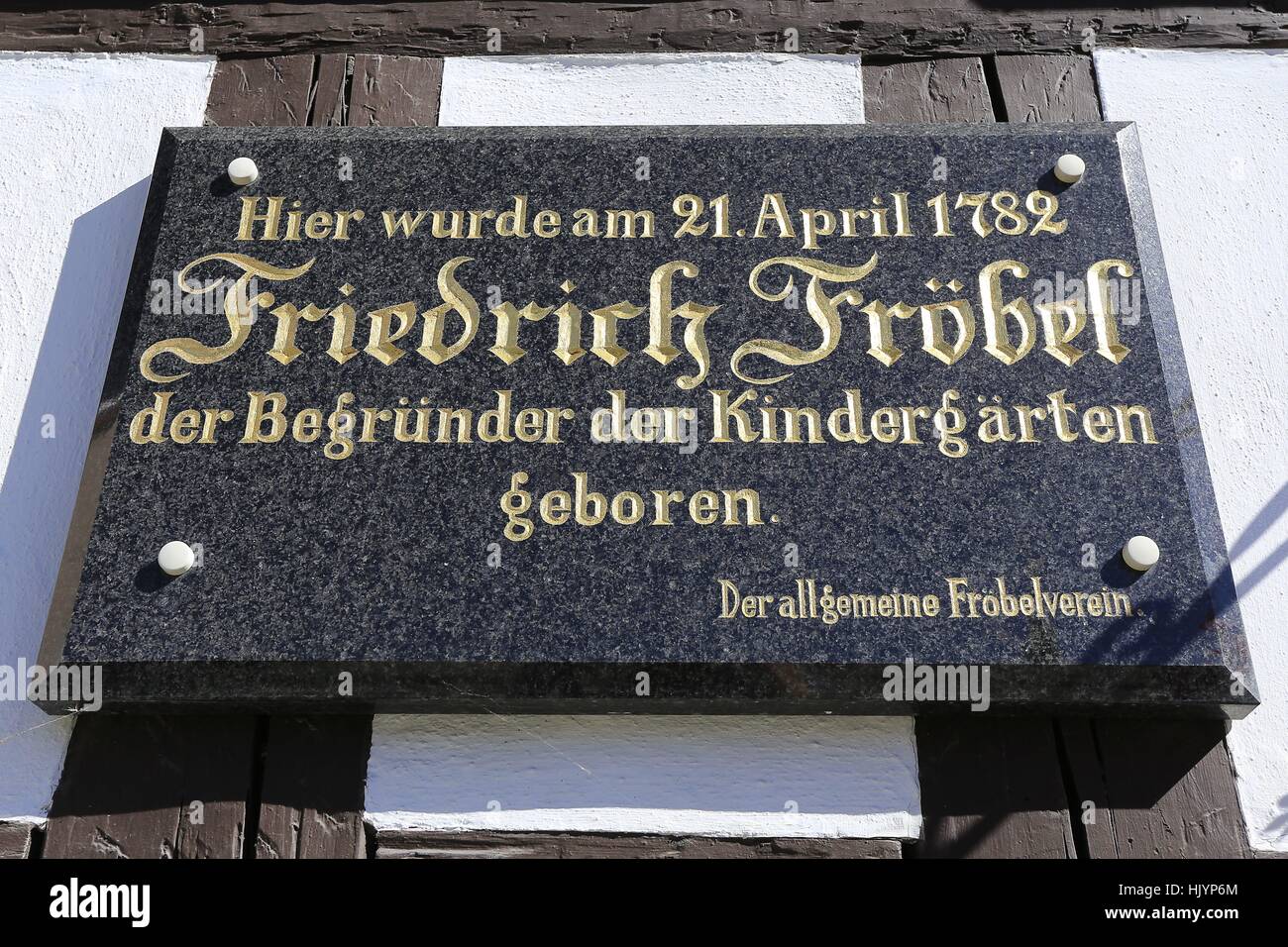 Memorial plaque at the birth house of Friedrich Wilhelm August Froebel (1782 - 1852) in Oberweissbach. Froebel is the founder of the kindergarden. His concept of early childhood education and pedagogy are forward-looking. Oberweissbach, Thuringian Forest, | usage worldwide Stock Photo