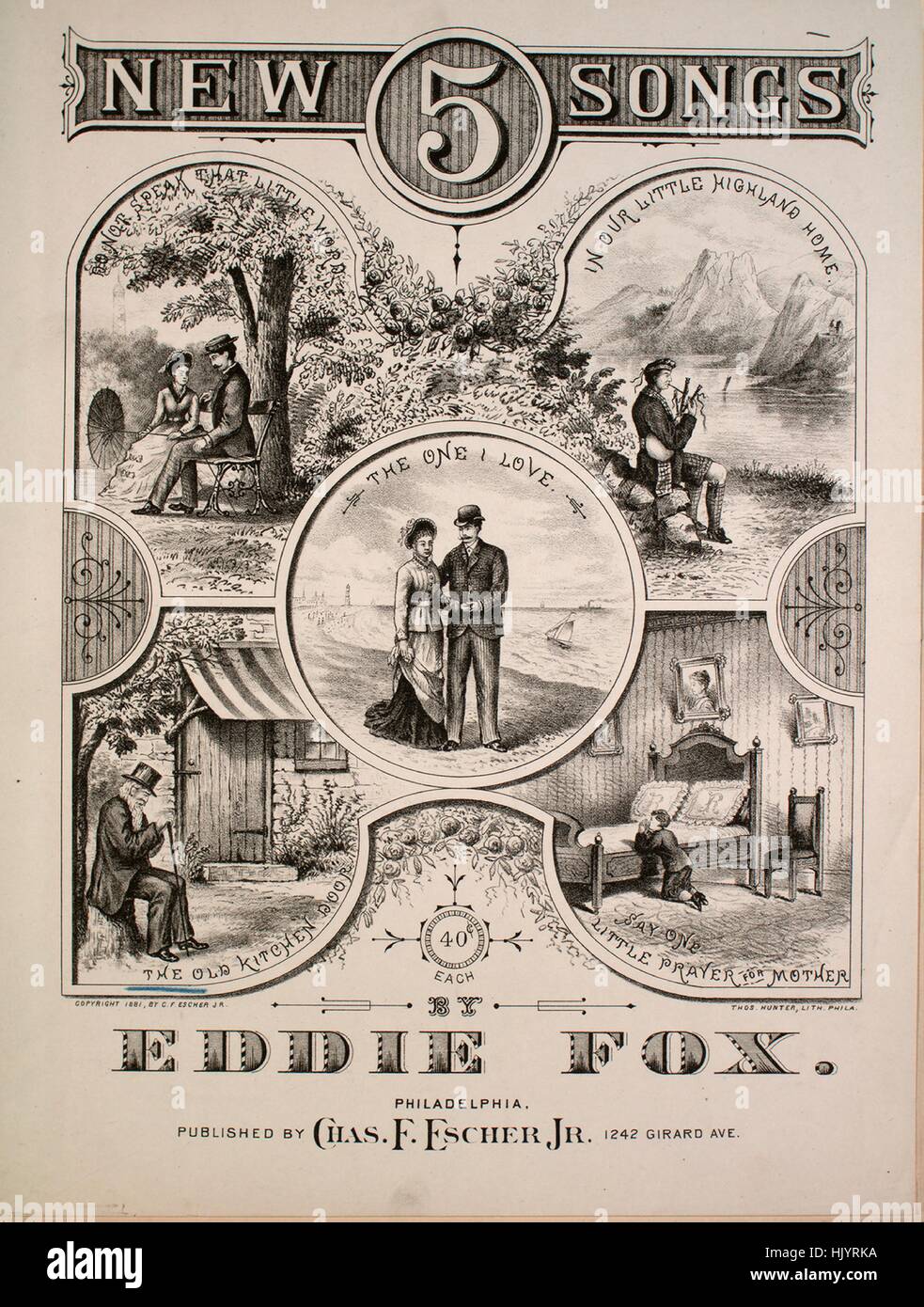 Sheet music cover image of the song '5 New Songs The Old Kitchen Door', with original authorship notes reading 'By Eddie Fox', United States, 1881. The publisher is listed as 'Chas. F. Escher, Jr., 1242 Girard Ave.', the form of composition is 'strophic with chorus', the instrumentation is 'piano and voice', the first line reads 'Yes, it swingeth on its hinges as it did in days of yore', and the illustration artist is listed as 'Thos. Hunter, Lith. Phila.'. Stock Photo