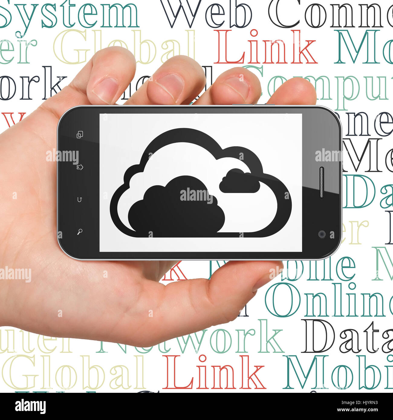 Cloud technology concept: Hand Holding Smartphone with Cloud on display ...