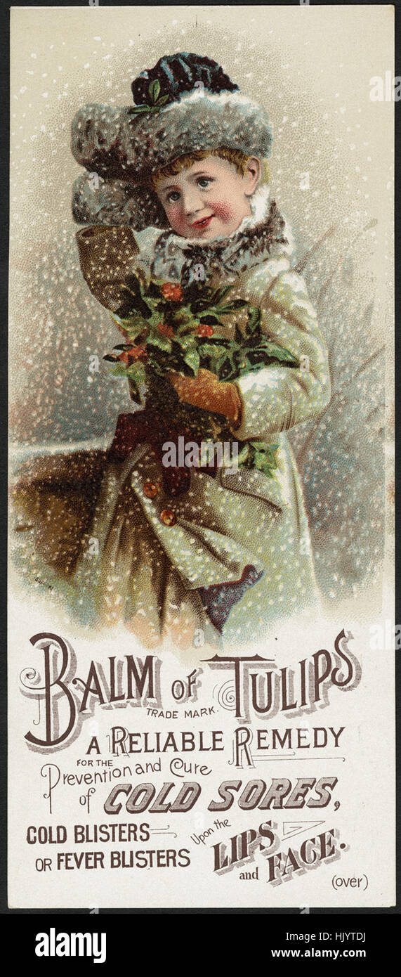 Balm of Tulips, a reliable remedy for the prevention and cure of cold sores, cold blisters, or fever blisters upon the lips and face. (front) Stock Photo