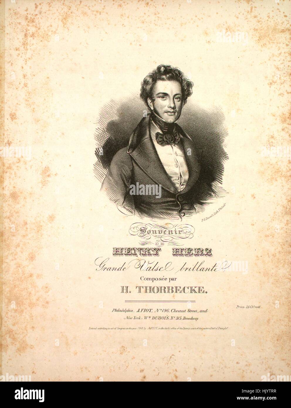 Sheet music cover image of the song 'Souvenir de Henry Herz Grande Valse brillante', with original authorship notes reading 'Composee par H Thorbecke', United States, 1847. The publisher is listed as 'A. Fiot, No. 196 Chesnut Street', the form of composition is 'sectional', the instrumentation is 'piano', the first line reads 'None', and the illustration artist is listed as 'P.S. Duval's Lith. Philada.; A. Newsam'. Stock Photo