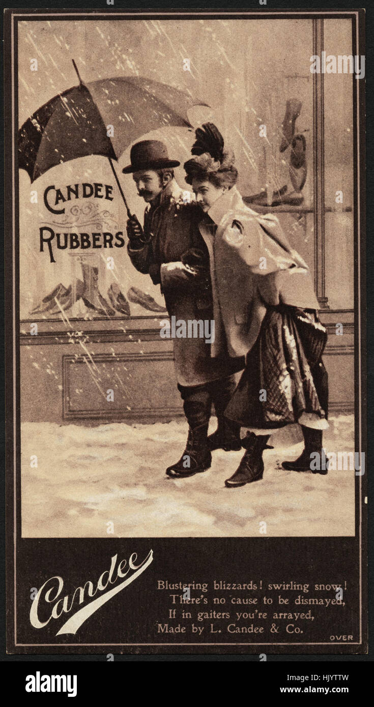 Candee rubbers - blustering blizzards! Swirling snow! There's no cause to be dismayed, if in gaiters you're arrayed, made by L. Candee & Co. Stock Photo