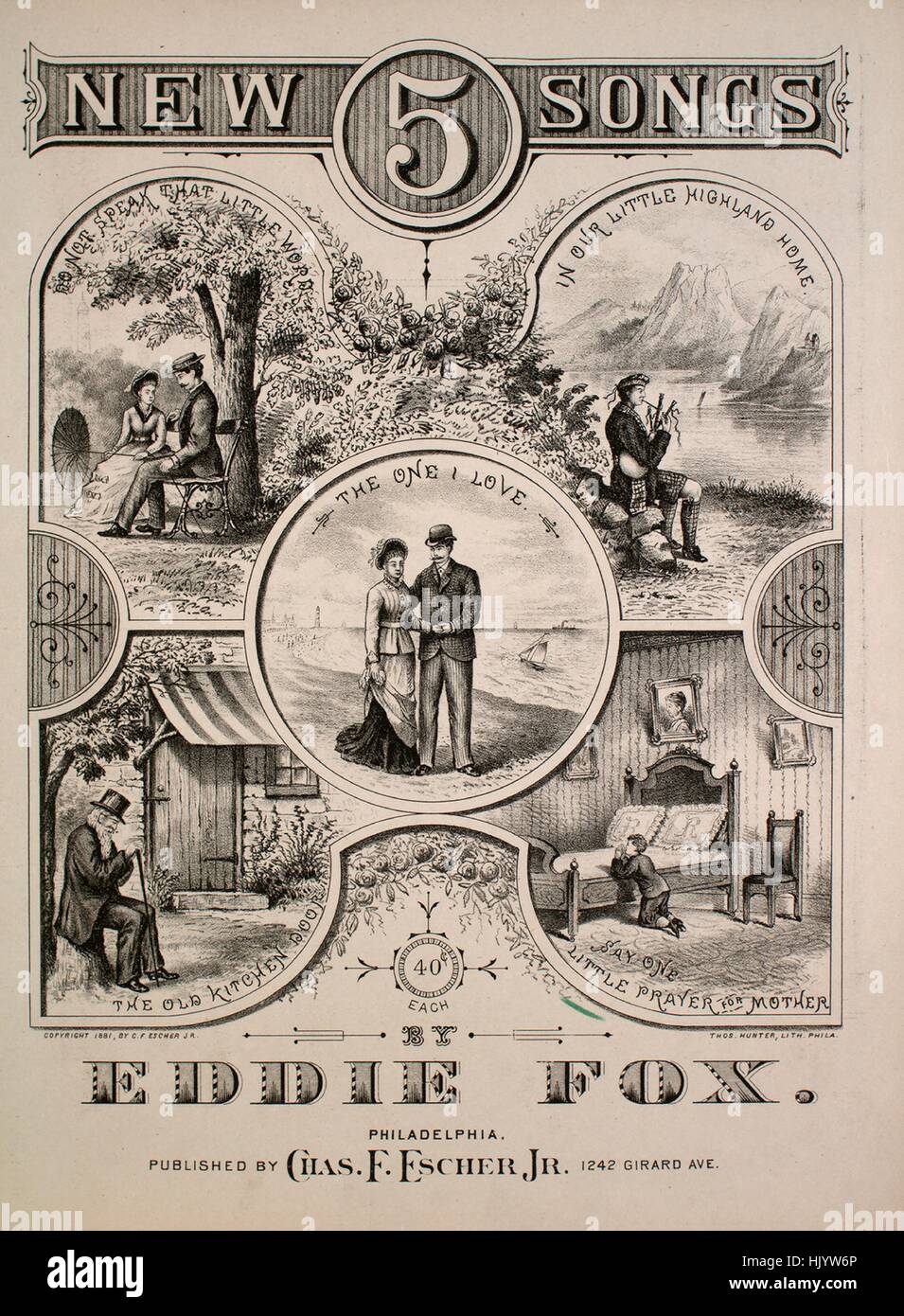 Sheet music cover image of the song '5 New Songs Say One Little Prayer for Mother', with original authorship notes reading 'By Eddie Fox', United States, 1881. The publisher is listed as 'Chas. F. Escher, Jr., 1242 Girard Ave.', the form of composition is 'strophic with chorus', the instrumentation is 'piano and voice (solo and satb chorus)', the first line reads 'Say one little pray'r for mother, in the distant by and by', and the illustration artist is listed as 'Thos. Hunter, Lith. Phila.'. Stock Photo