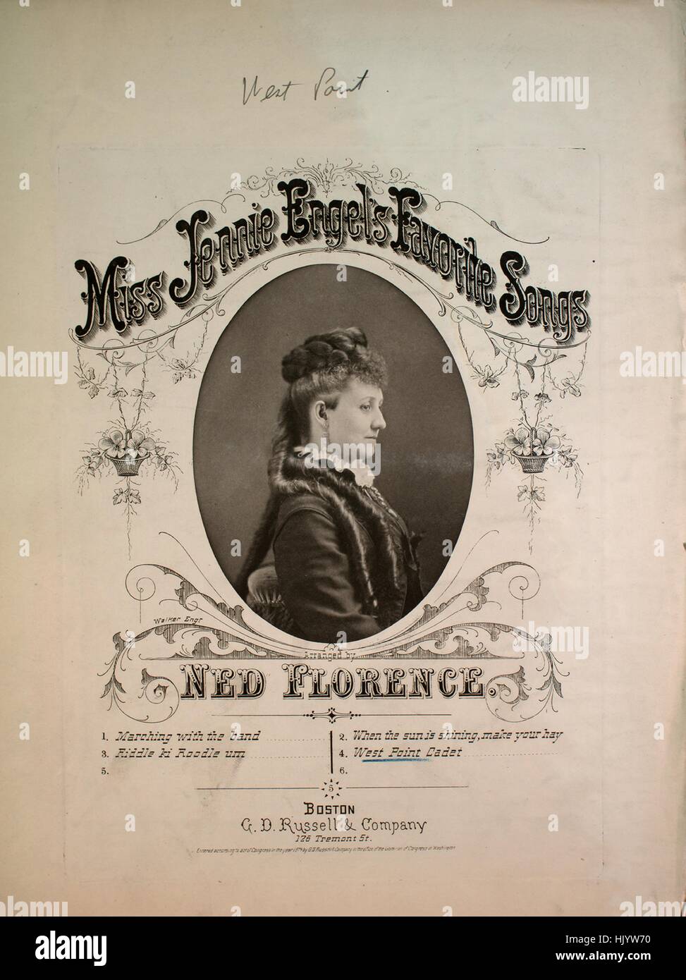 Sheet music cover image of the song 'Miss Jennie Engel's Favorite Songs No 4 West Point Cadet', with original authorship notes reading 'Words by Jennie Engel Music by M de Donato Arranged by Ned Florence', United States, 1874. The publisher is listed as 'G.D. Russell and Company, 126 Tremont St.', the form of composition is 'strophic with chorus', the instrumentation is 'piano and voice', the first line reads ''Tis sweet on the sea side to wander with the darling who gained your first love', and the illustration artist is listed as 'Walker Engr.; unattrib. photo of Engel'. Stock Photo