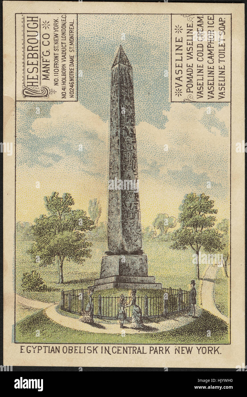 Egyptian obelisk in Central Park New York. Vaseline, Pomade Vaseline, Vaseline cold cream, Vaseline camphor ice, Vaseline toilet soap. (front) Stock Photo